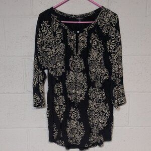 Lucky Brand Black Paisley Boho Blouse 3/4 Sleeve Relaxed Fit Size 1X NWOT
